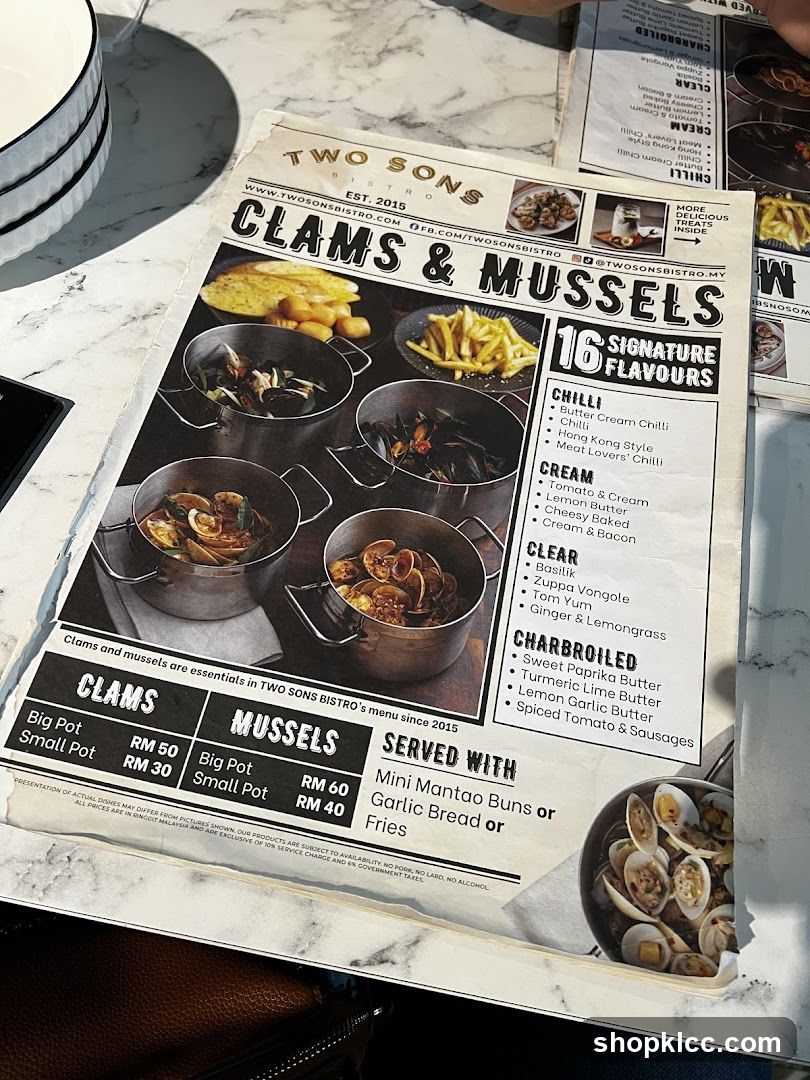 Two Sons Bistro Clams & Mussels Menu