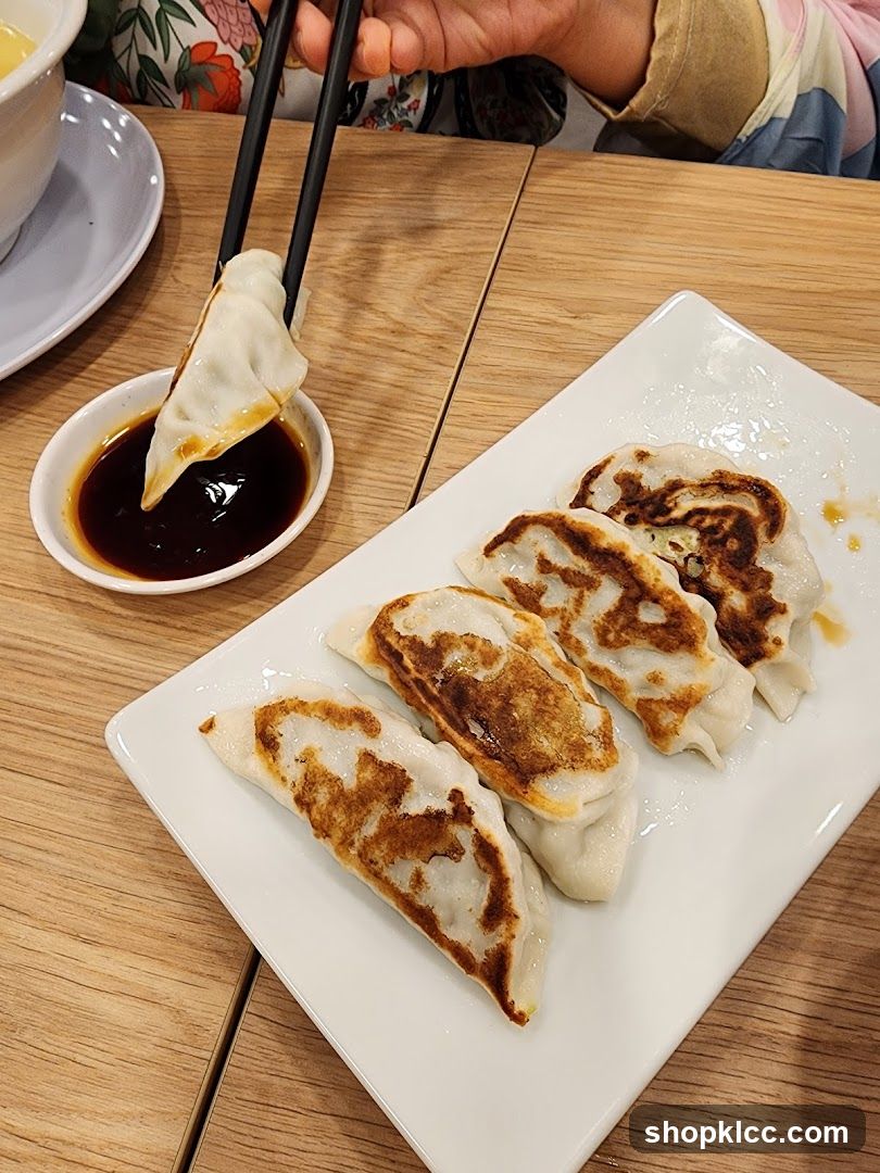 Pan-fried dumplings being dipped in soy sauce