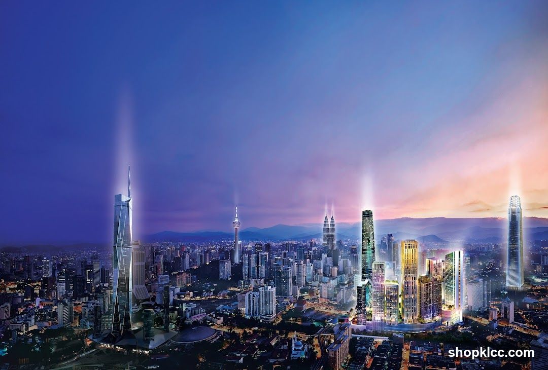Cityscape at dusk with illuminated skyscrapers