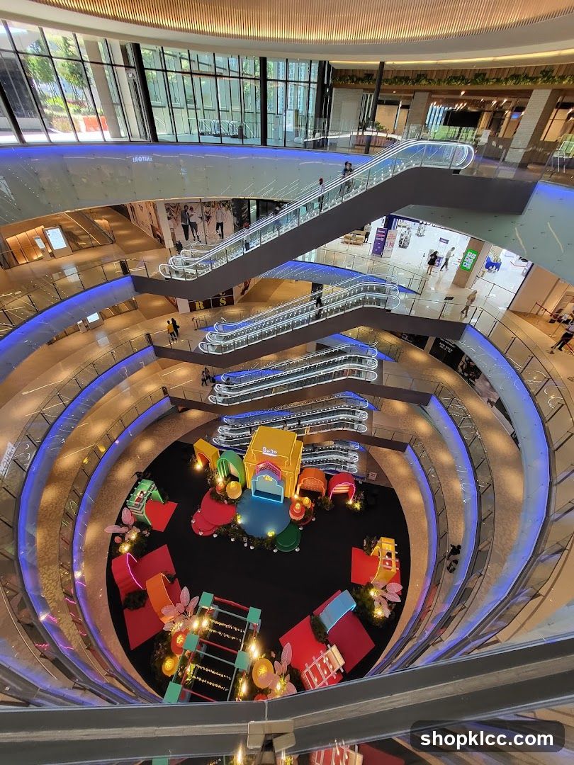 Mall Interior with Spiral Escalators and Play Area