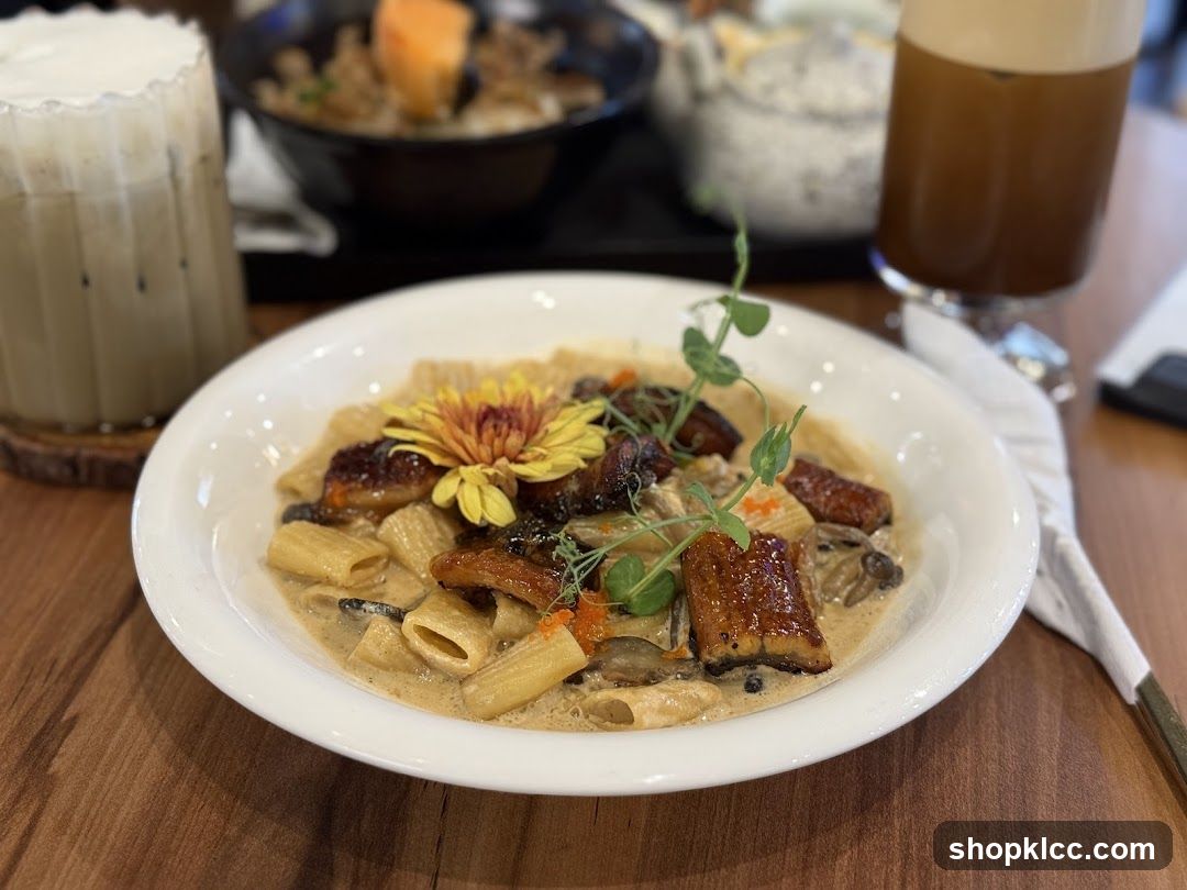 Pasta Dish with Toppings and Drinks