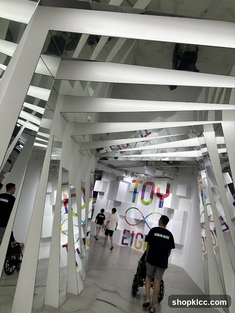 Modern Interior with Mirrored Walls and Colorful Signage