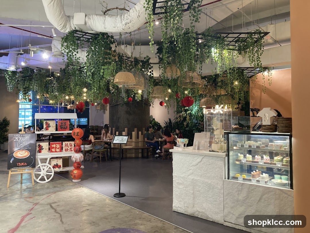 Cafe Interior with Greenery and Desserts