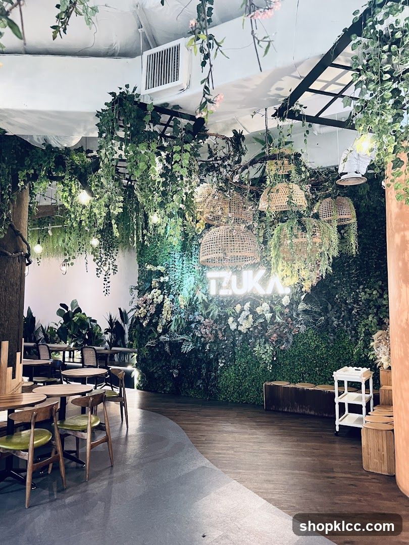 Restaurant Interior with Greenery and Neon Sign