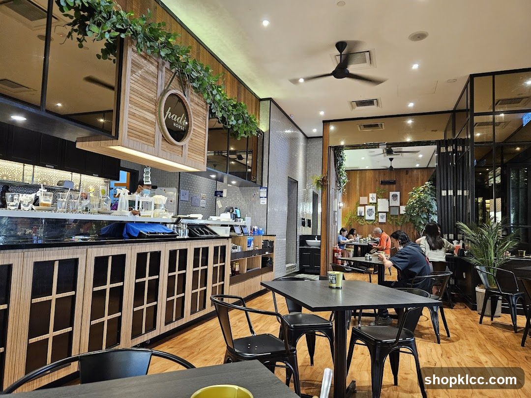 Interior of a cafe with wooden accents and seating
