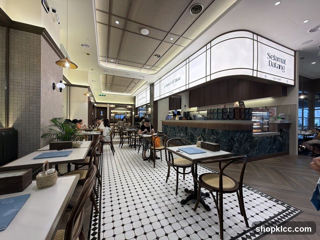 Interior of a cafe with seating and a counter