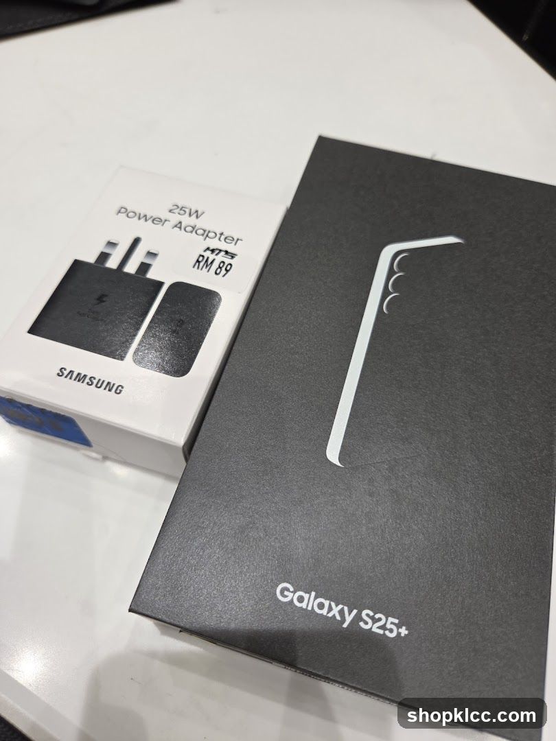 Samsung Power Adapter and Galaxy S25+ Box