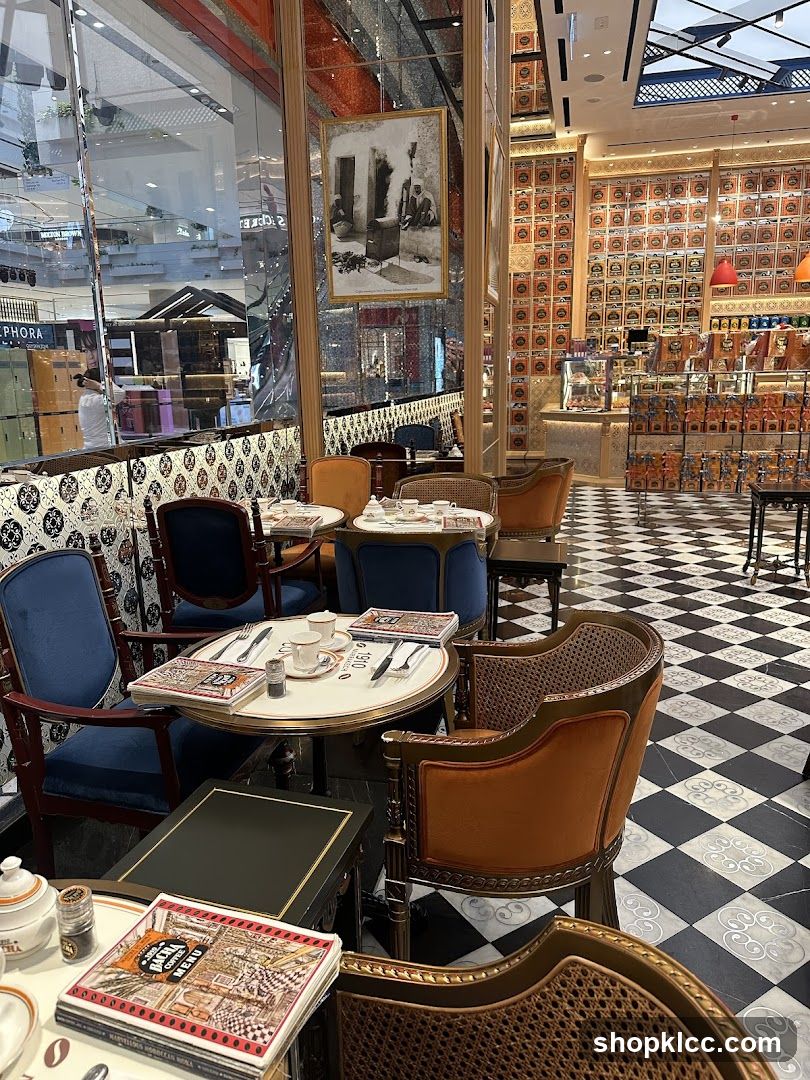 Cafe Interior with Seating and Display Shelves
