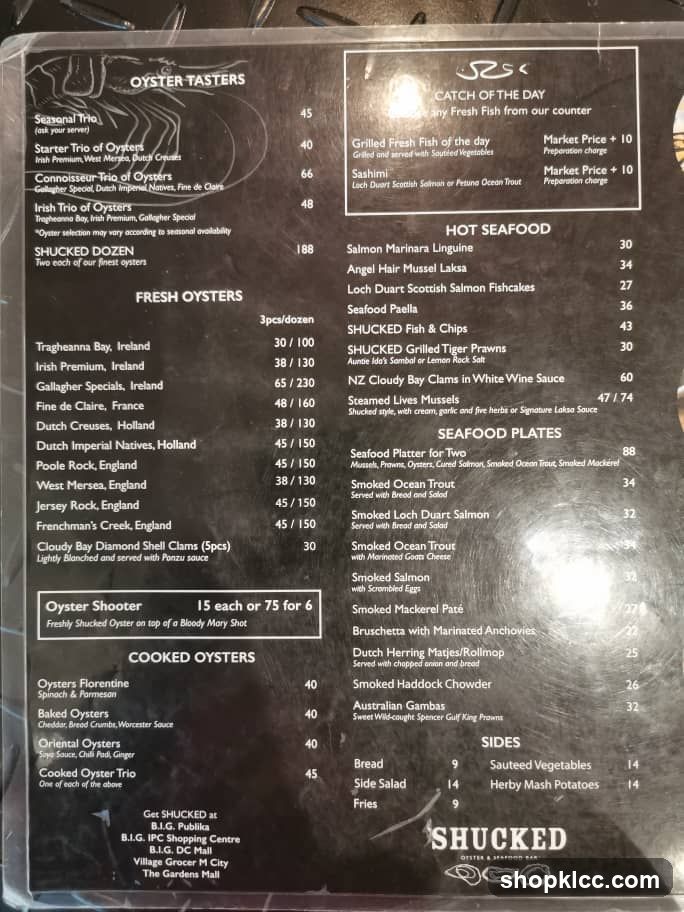Shucked Oyster & Seafood Bar Menu