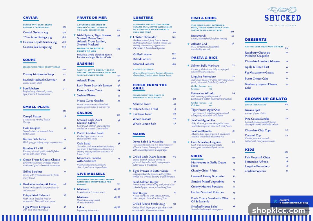 Shucked Oyster & Seafood Bar Menu