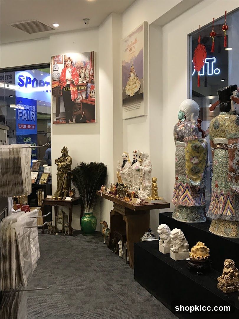 Interior of a shop with statues and artwork