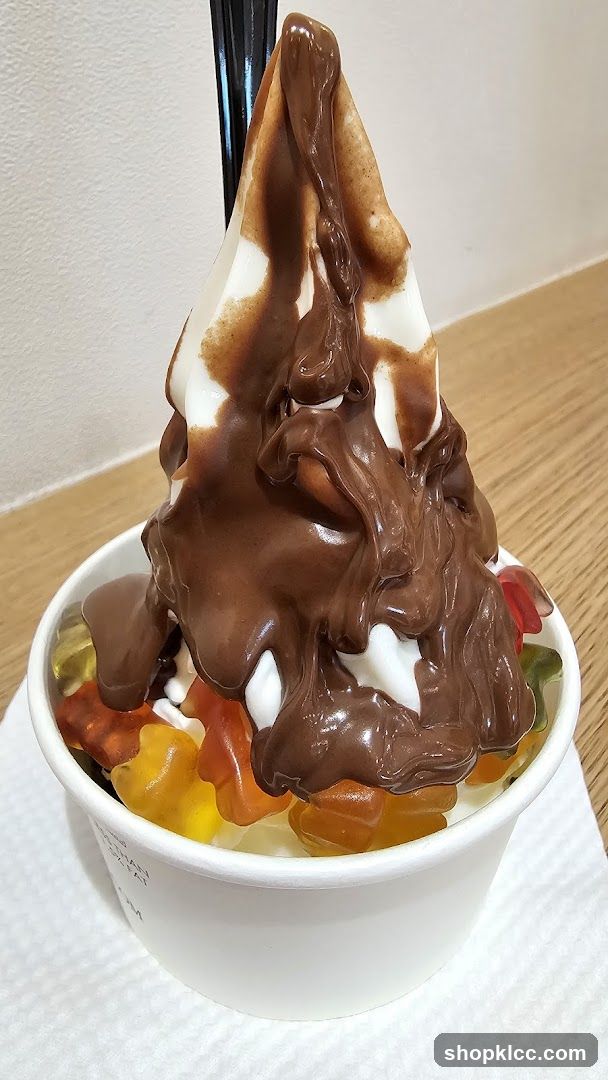 Soft Serve Ice Cream with Chocolate Drizzle and Gummy Bears