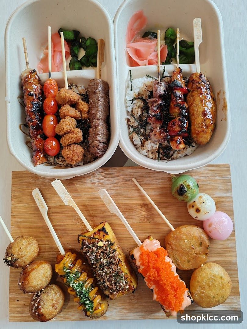 Assortment of Skewers and Rice Bowls