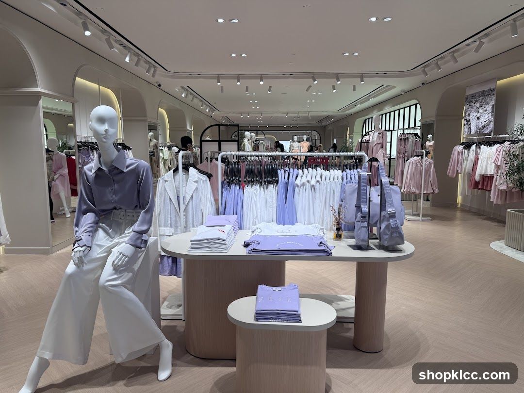 Clothing store interior with mannequins and apparel