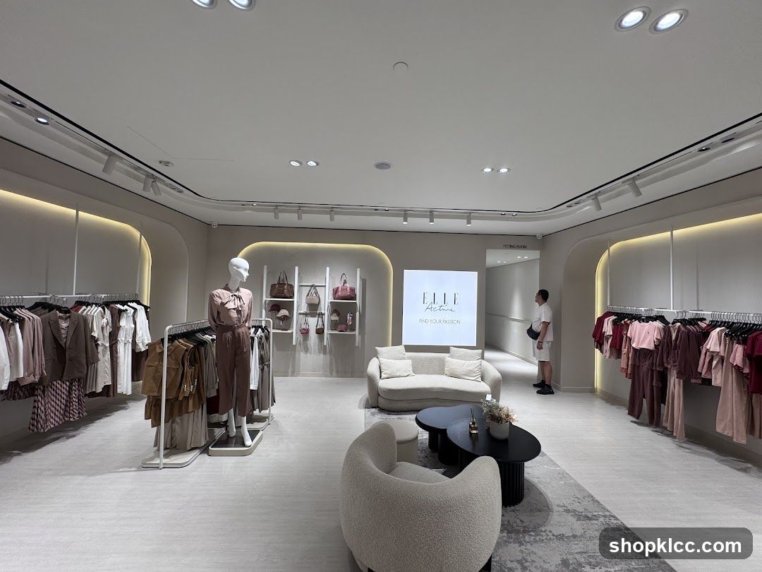 Clothing store interior with mannequins and apparel displays