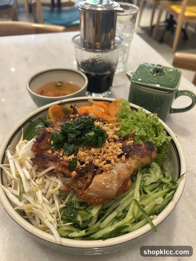 Vietnamese-style noodle bowl with toppings