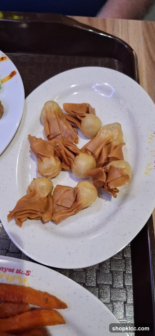 Plate of Wontons and Sweet Potato Fries