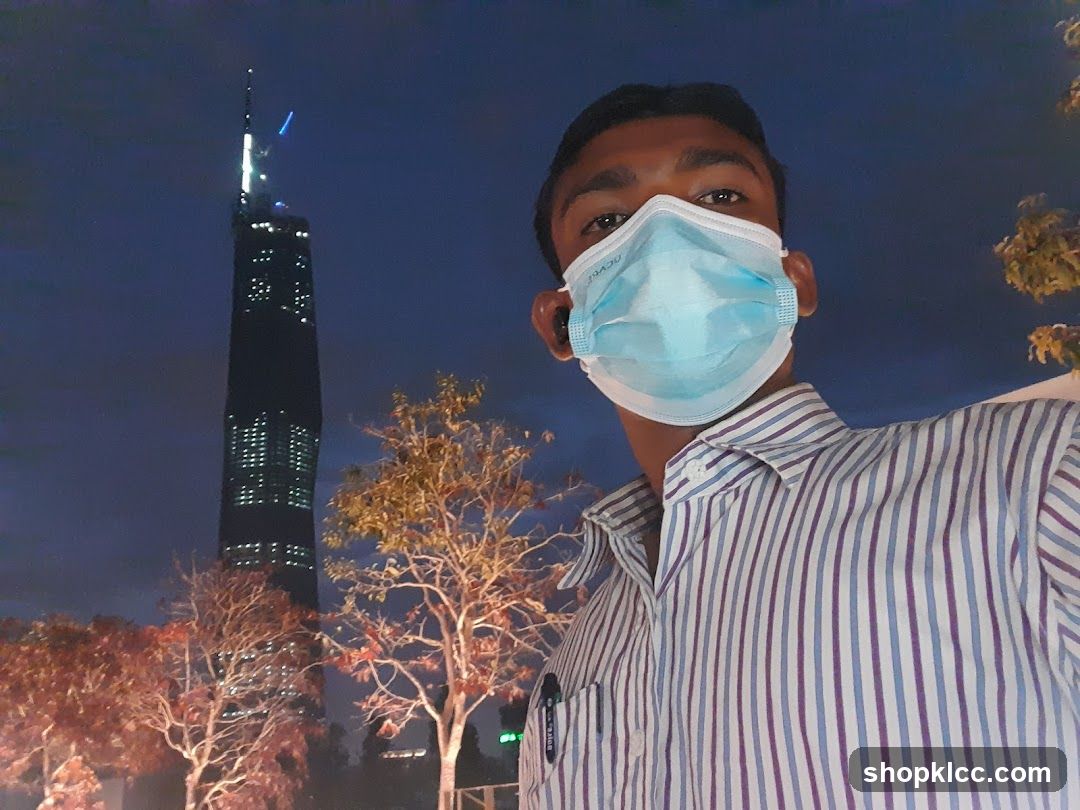 Selfie with Mask and City Skyline
