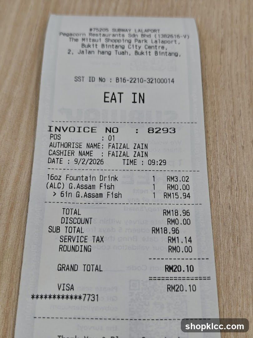 Subway Receipt