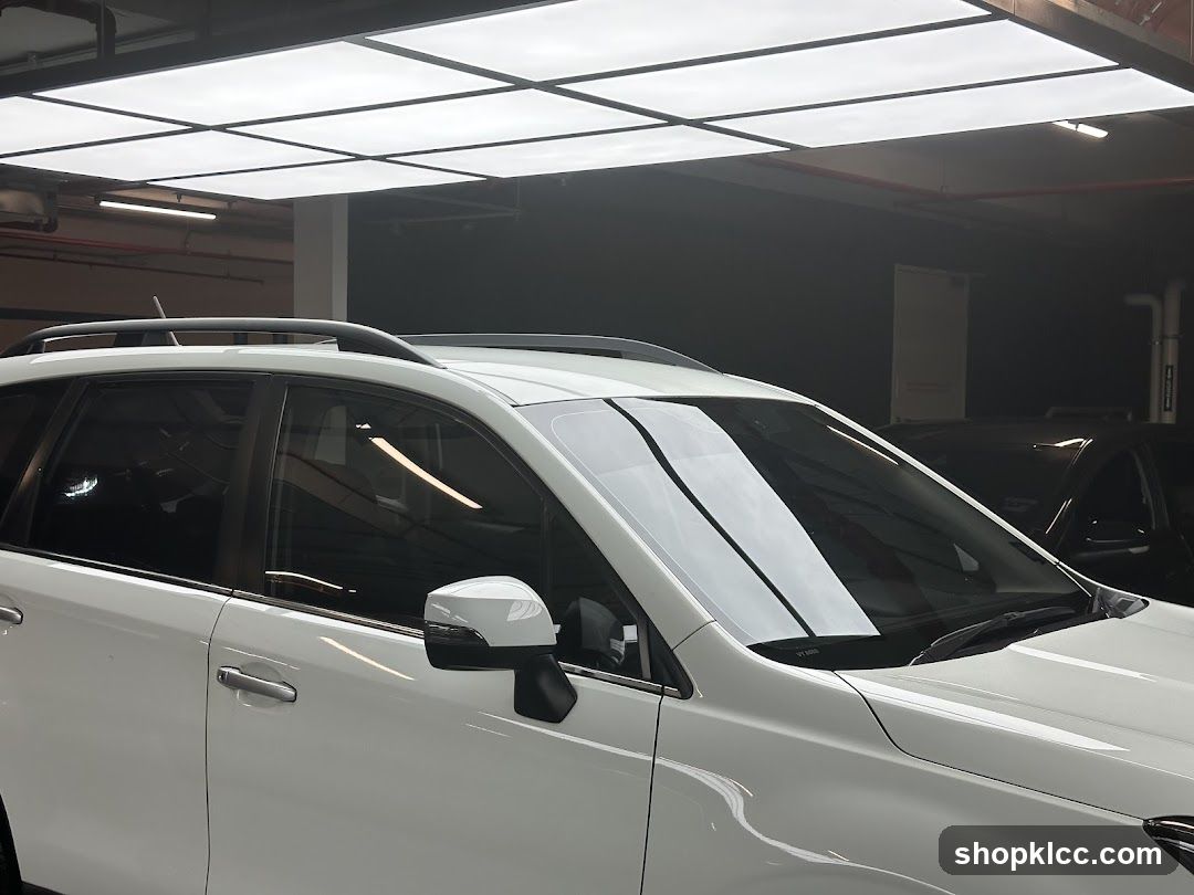 White SUV in a dimly lit garage