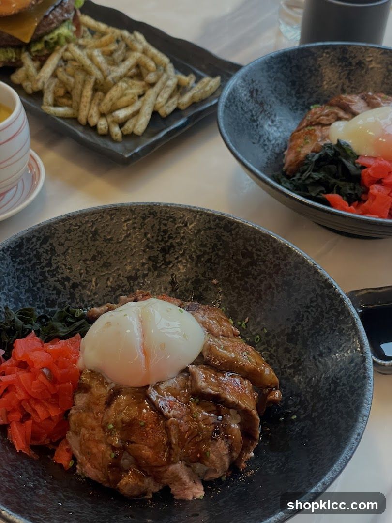 Japanese-style food bowls with fried rice and sides