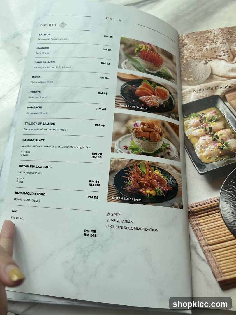 Sashimi Menu from Calia Restaurant