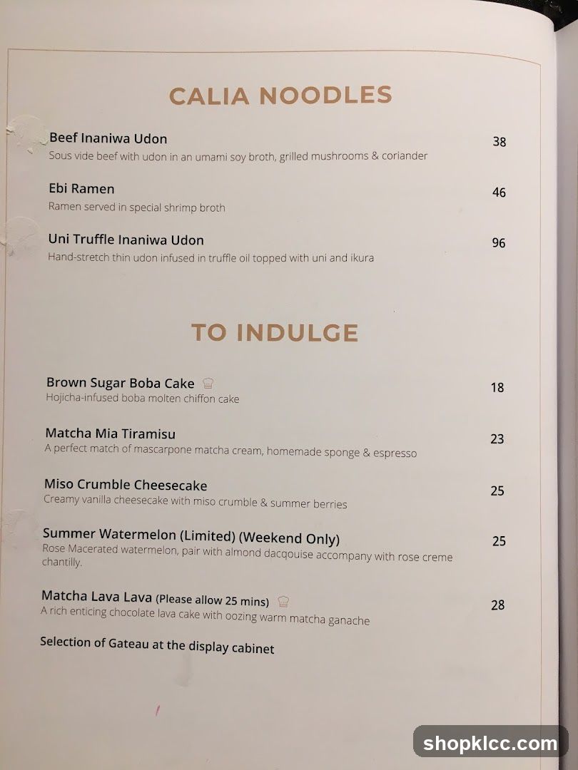 Calia Noodles Menu Page