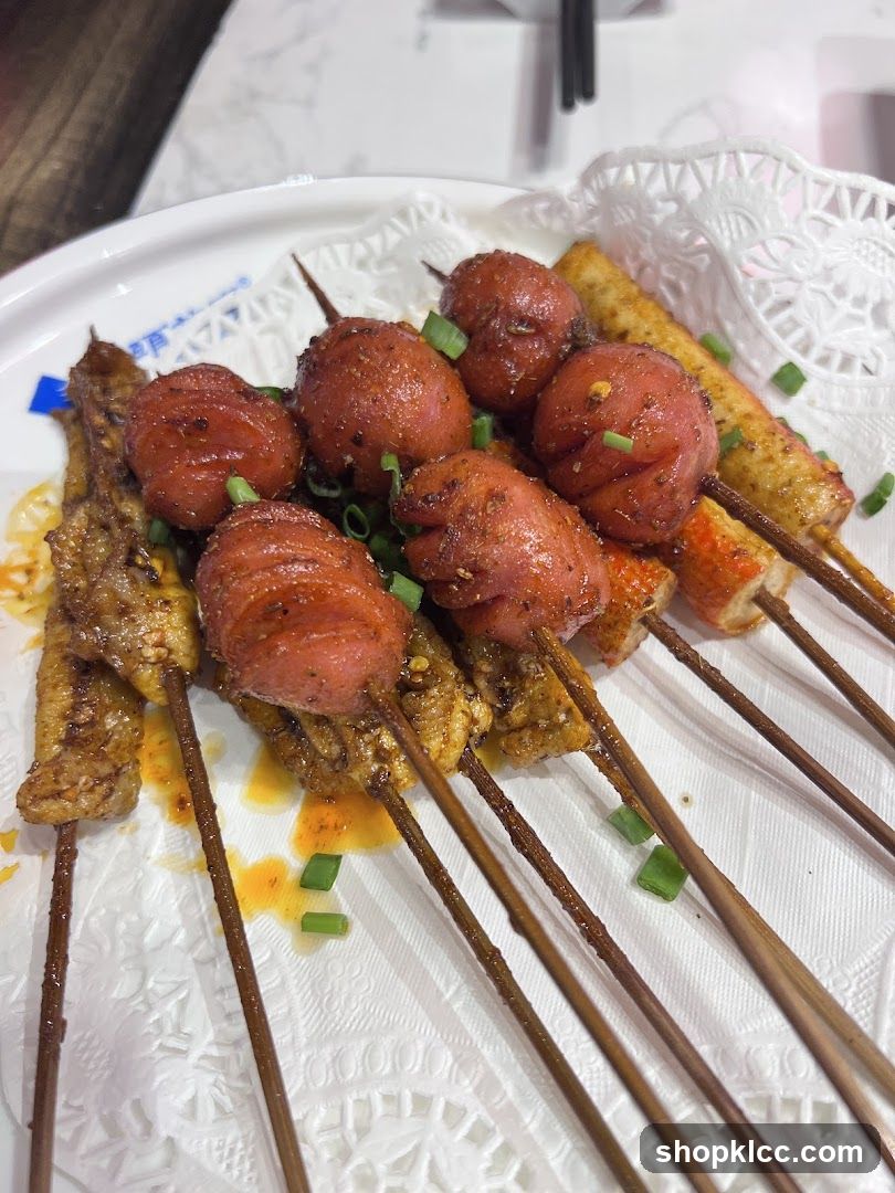 Skewers of grilled meats and vegetables