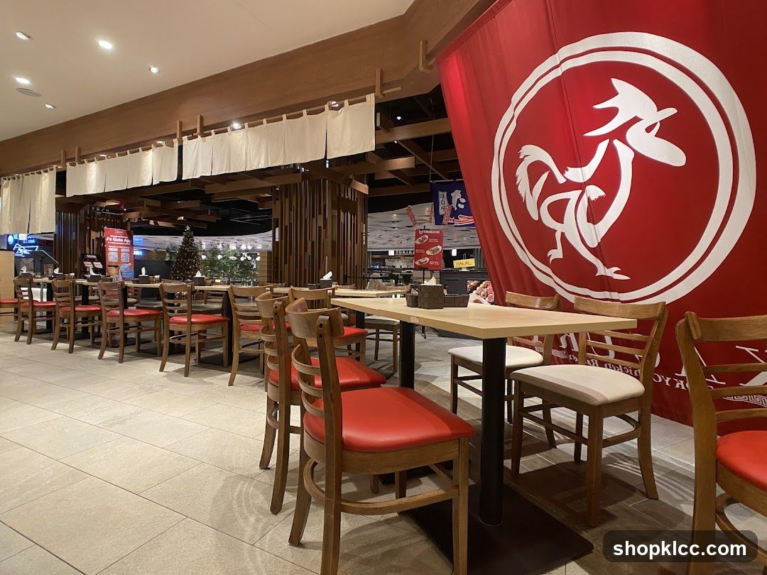 Restaurant Interior with Red Banner and Wooden Tables