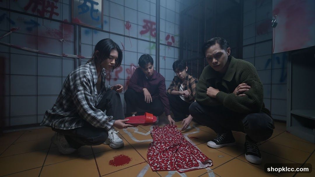 Group in a dimly lit room with graffiti and bloodstains