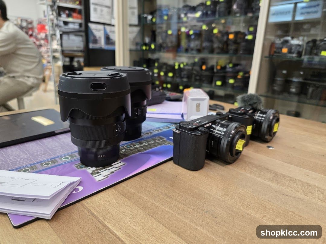 Camera lenses and cameras on display table
