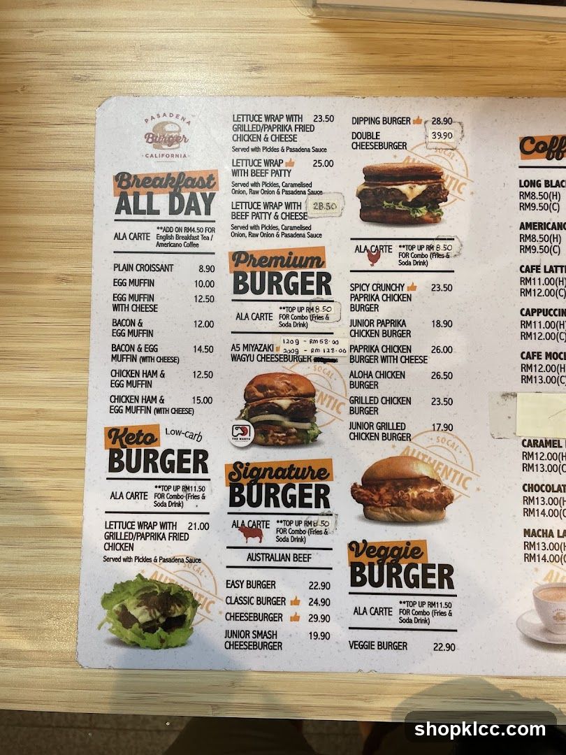 Pasadena Burger Menu