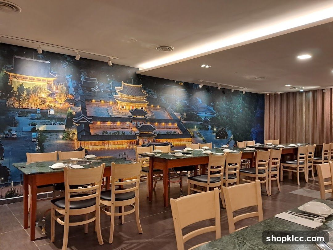 Restaurant Interior with Traditional Korean Architecture Mural