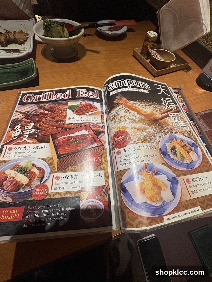 Grilled Eel and Tempura Menu