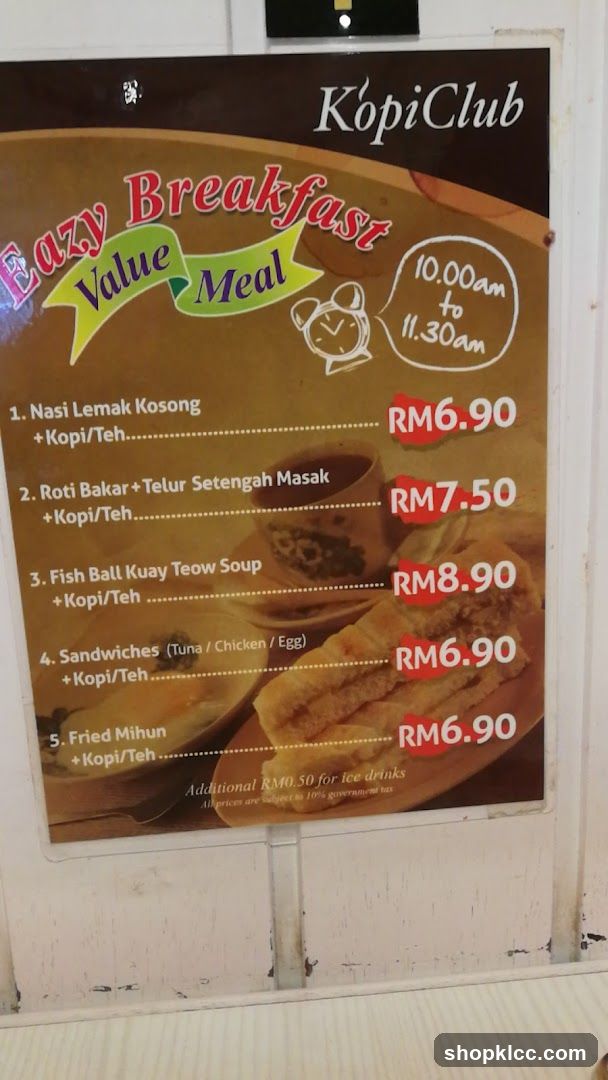 KopiClub Easy Breakfast Value Meal Menu