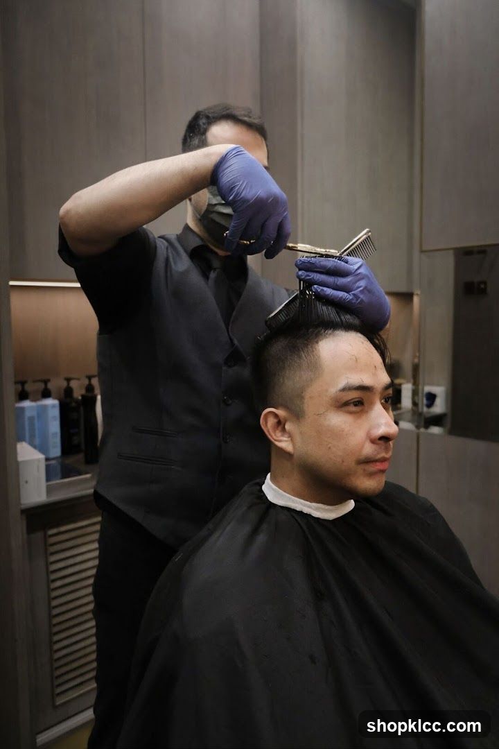 Barber cutting hair in salon