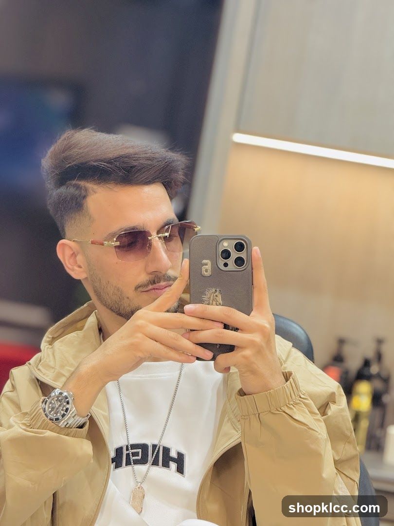 Man Taking Mirror Selfie in Barber Shop