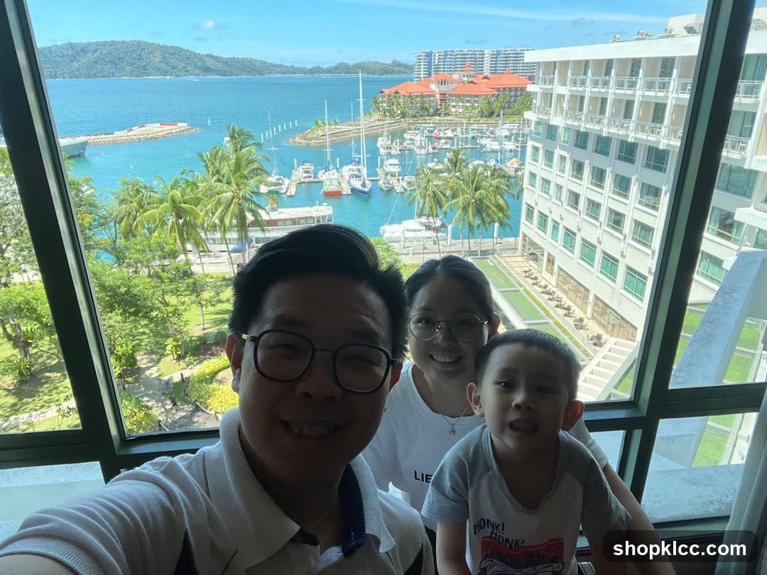 Family selfie with harbor view