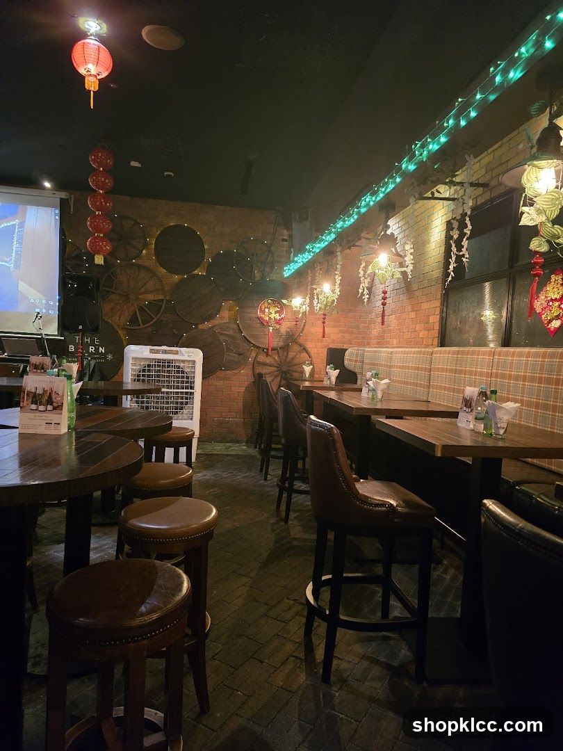 Interior of a bar or restaurant with brick walls and festive decorations.
