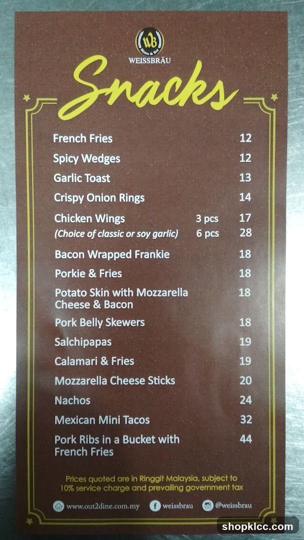 Weissbräu Snacks Menu