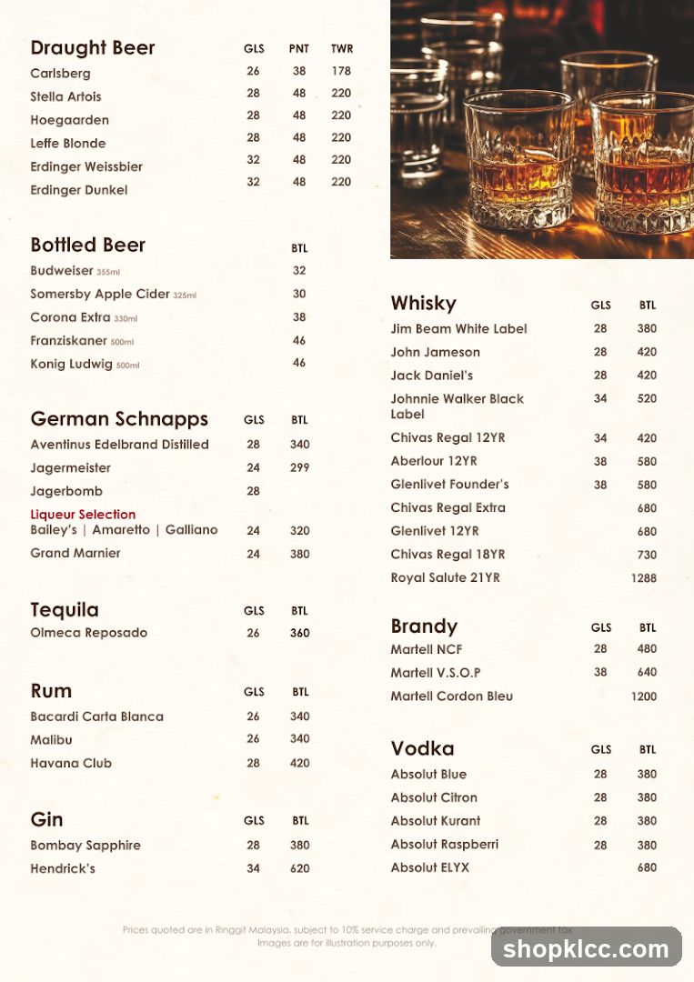 Draught Beer, Bottled Beer, Whisky, Brandy Menu