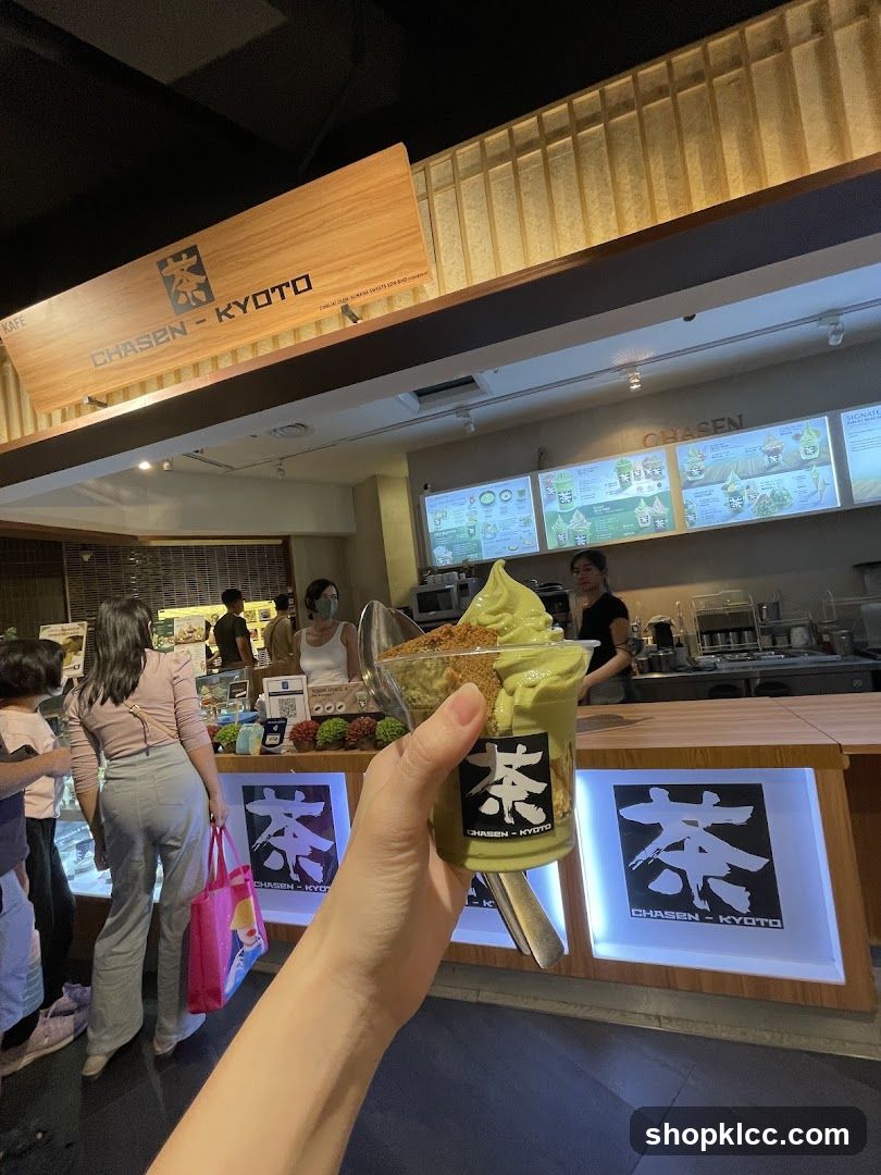Matcha dessert with store interior
