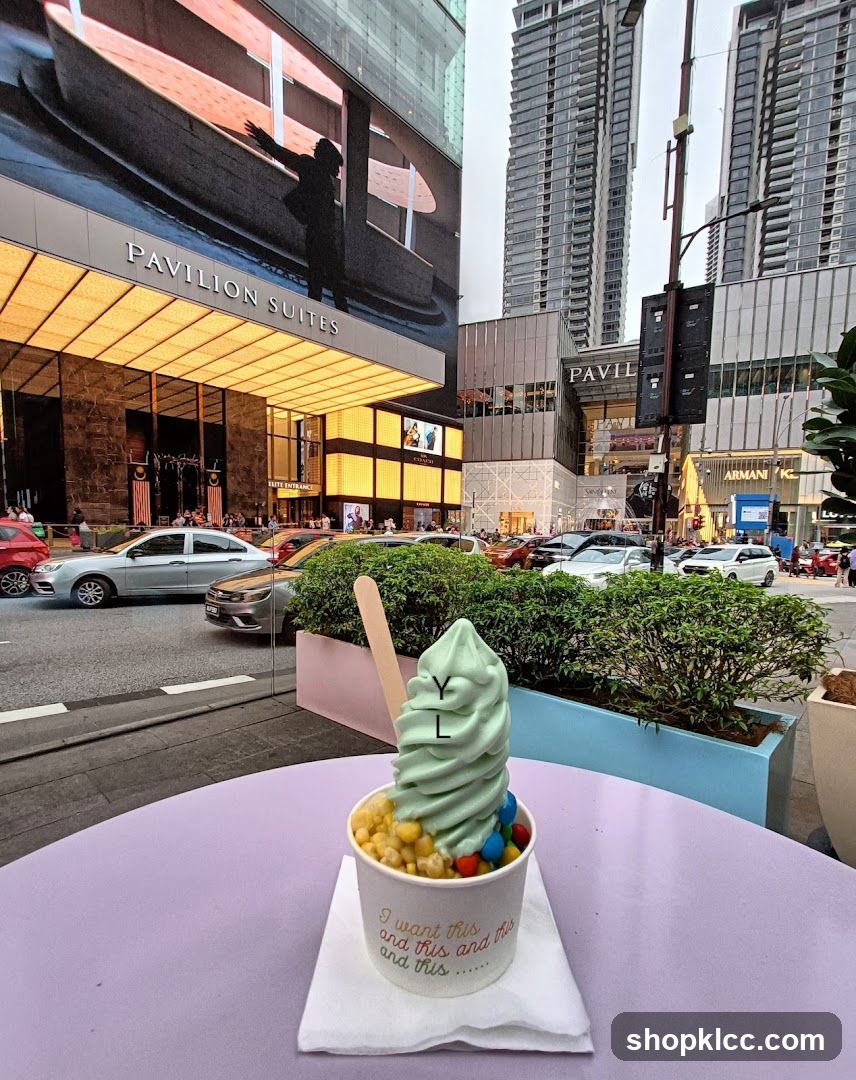 Green Ice Cream with Corn and Candies in Urban Setting