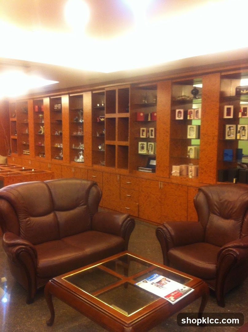 Interior Lounge with Leather Seating and Display Cabinets