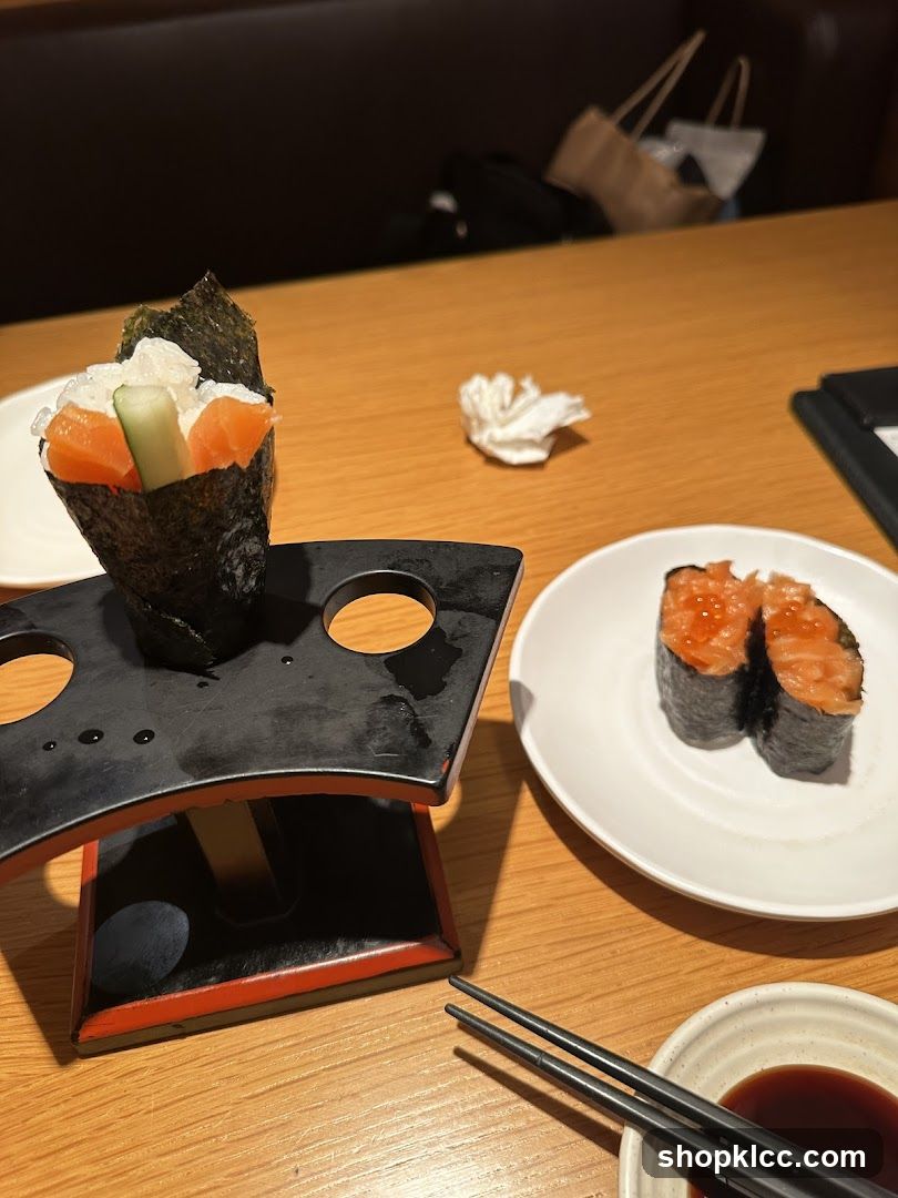 Sushi and Gyoza on a Wooden Table