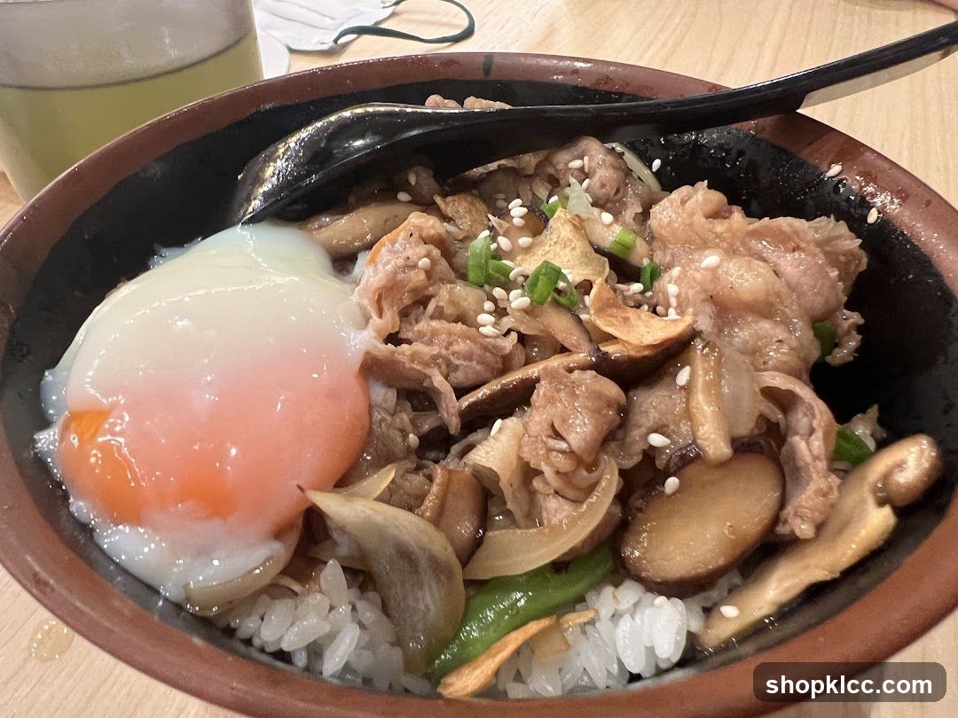 Bowl of Beef Rice with Egg and Mushrooms