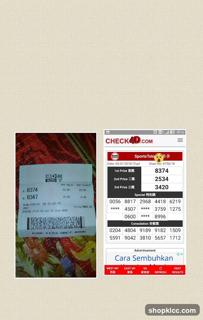 Toto Lottery Receipt and App Screen