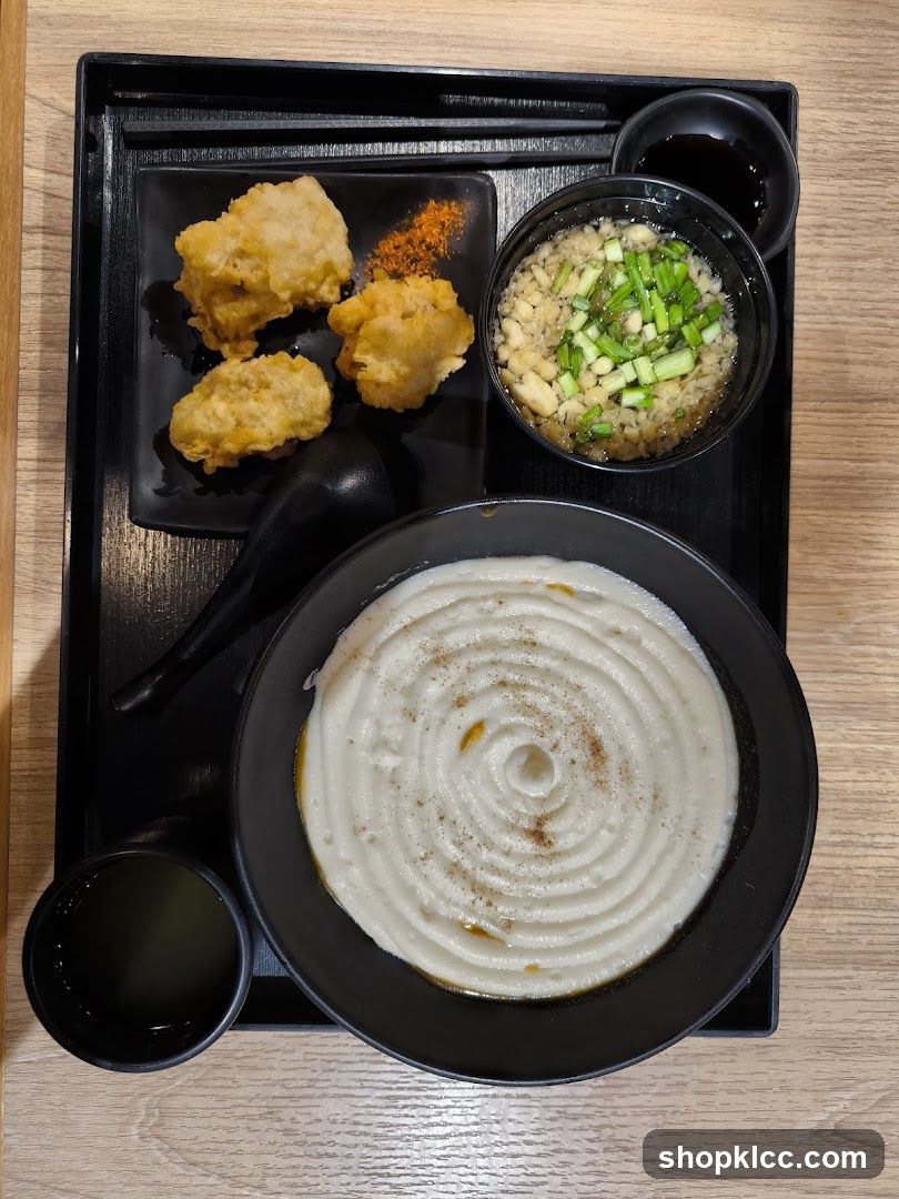Congee with Fried Chicken and Dipping Sauce
