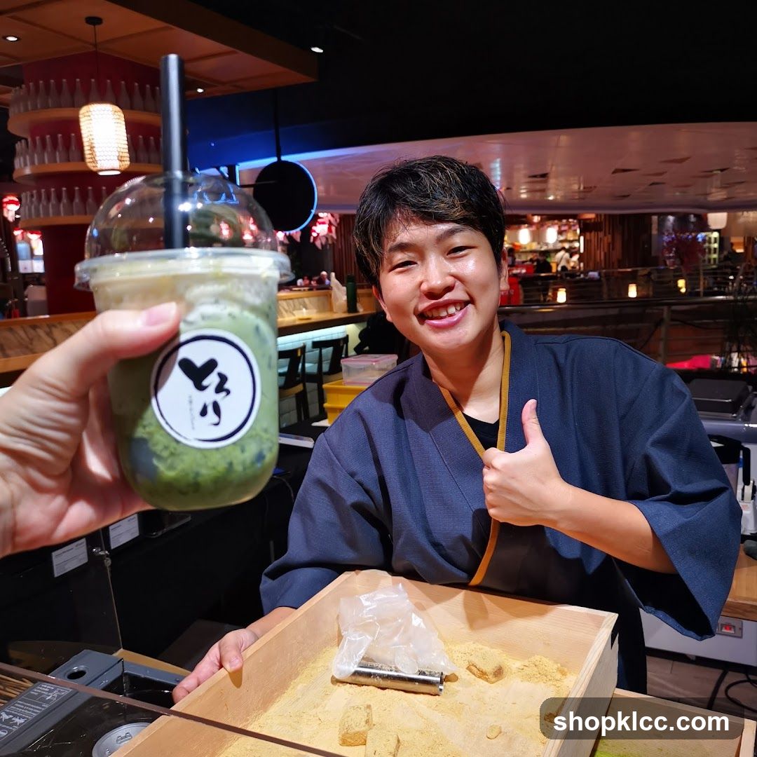 Matcha Drink and Staff at Japanese Restaurant