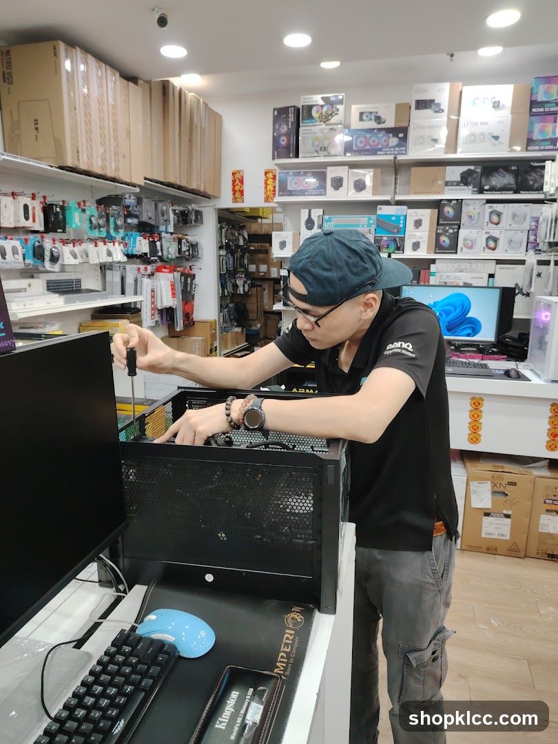 Tech Store Interior with Technician Working on Computer